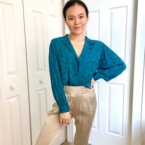 🚫SOLD🚫100% silk teal vintage puff sleeve blouse